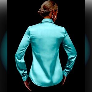 Satin blouse silky silk button down shirt top robin’s egg blue S aqua 4 women’s